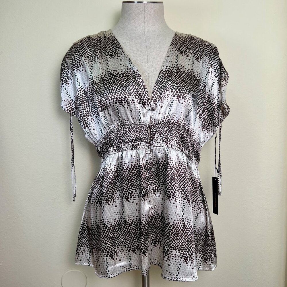 NEW BCBG MAX AZRIA Brown Satin Snake Print V-Neck Elastic Waist Blouse Top M